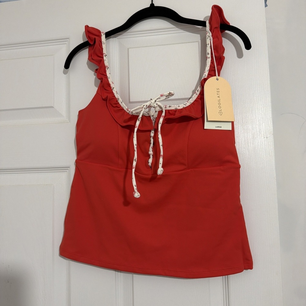 Blogilates Women's Ruffle Lace Up Tank Top - Red Large Active Wear Workout